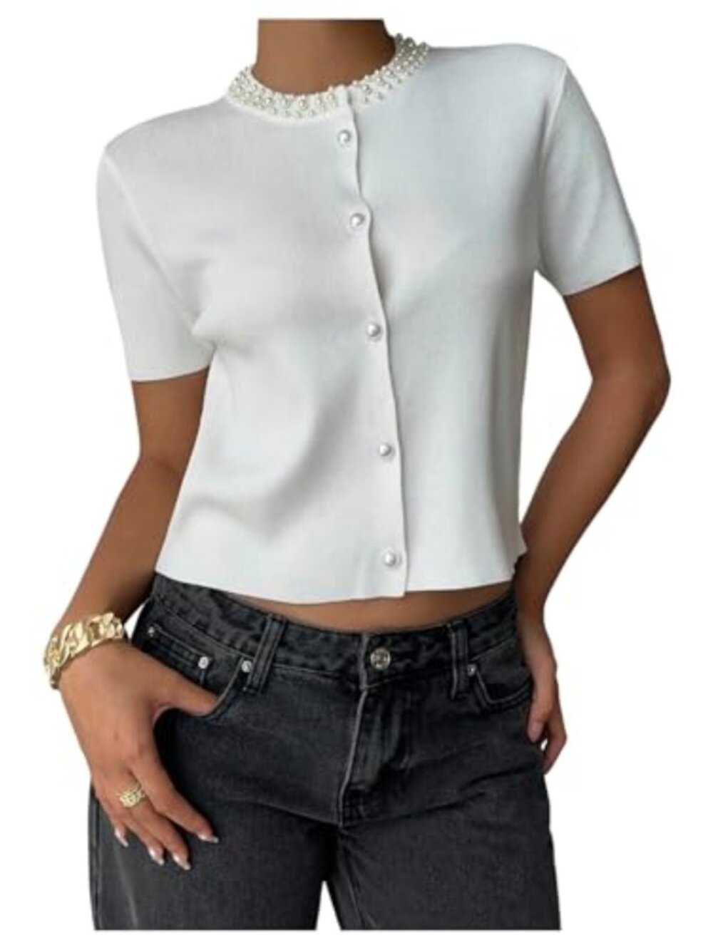 Pearl Beaded Button Cardigan Sweater Short Sleeve Crew Neck Knit